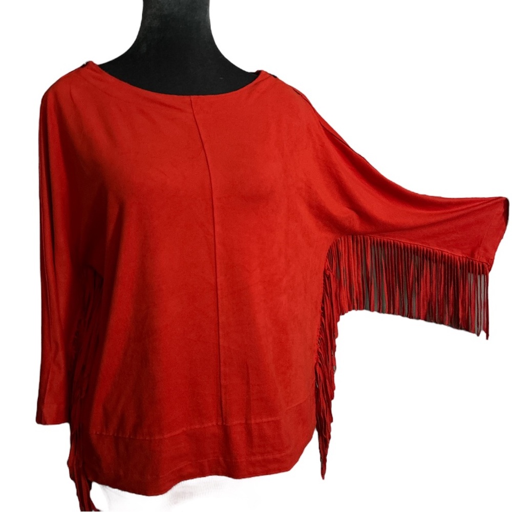 Chicos buttery soft faux doeskin suede fantastic fringe on sleeves and sides